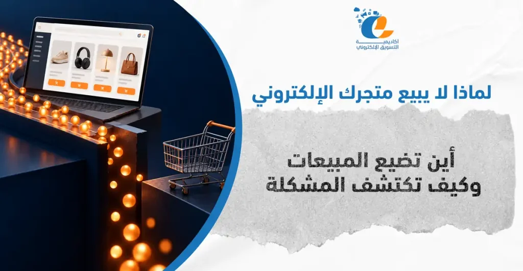 اسباب ضعف المبيعات في المتجر الإلكتروني: متجر على لابتوب وعربة تسوق فارغة